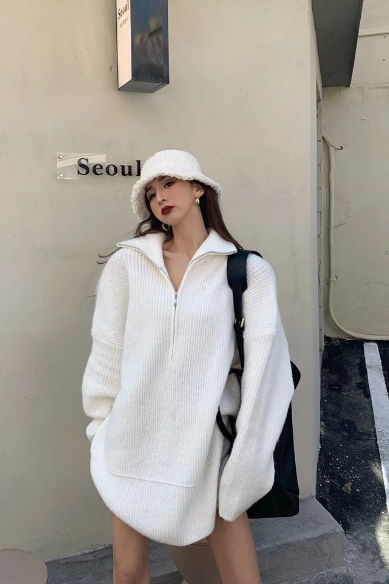 

Lazy Fried Street Loose Medium Length Sweater Women's New Korean Zipper Half Open Neck T-shirt In Autumn And Winter 2020