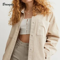 women jacket begie corduroy shirt bf oversized blouse shirts for woman spring autumn casual shirts jacket pocket female coat