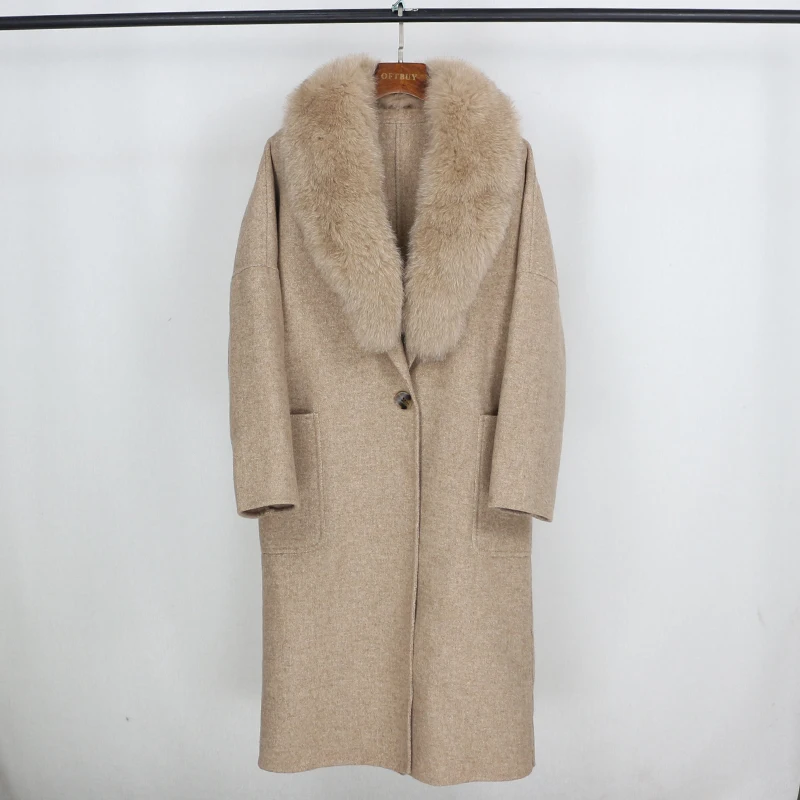OFTBUY пальто с натуральным мехом зимняя куртка для женщин с воротником из натурального Лисьего меха кашемировая шерсть длинная верхняя одежда с одной пуговицей для дам