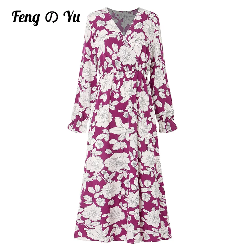 

Spring/Summer Floral Dress Spring Women's Dress 2022 Long Sleeve Super Long Printed Garment V-neck Elastic Waist Loose Sundress