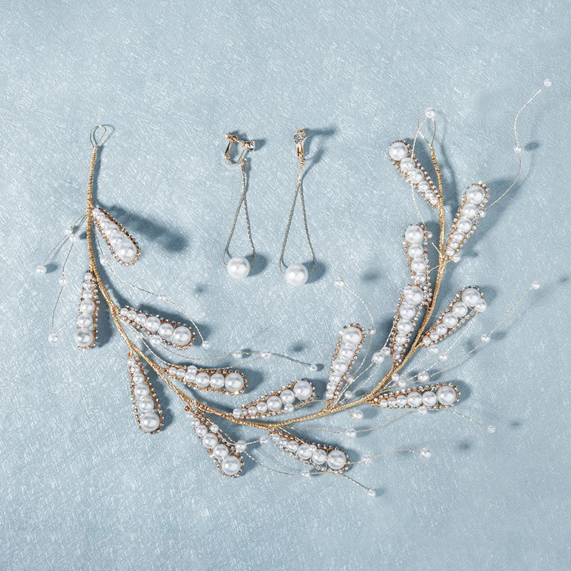 Женская повязка на голову с жемчугом и листьями золотистого цвета | Украшения