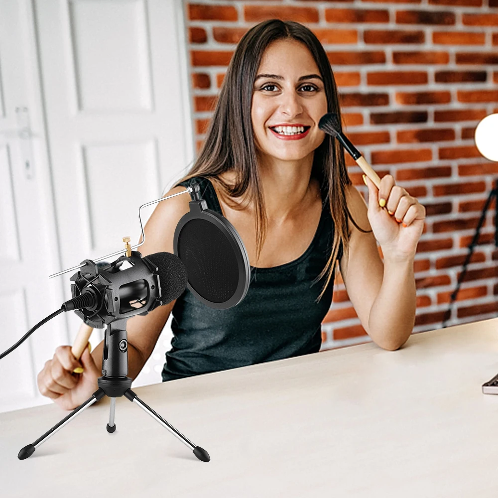 

Video Microphone Kit with Mini Microphone Tripod Shock Mount Pop Filter Windshield Adapter Cable 3.5mm Plug for Computer Mic