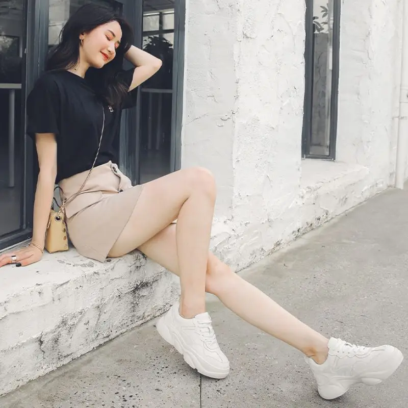 Taoffen Real Leather Sneakers Women Thick Sole Solid Color Lace Up Flats Shoes Daily Outdoor Leisure Shoes Women Size 35-39