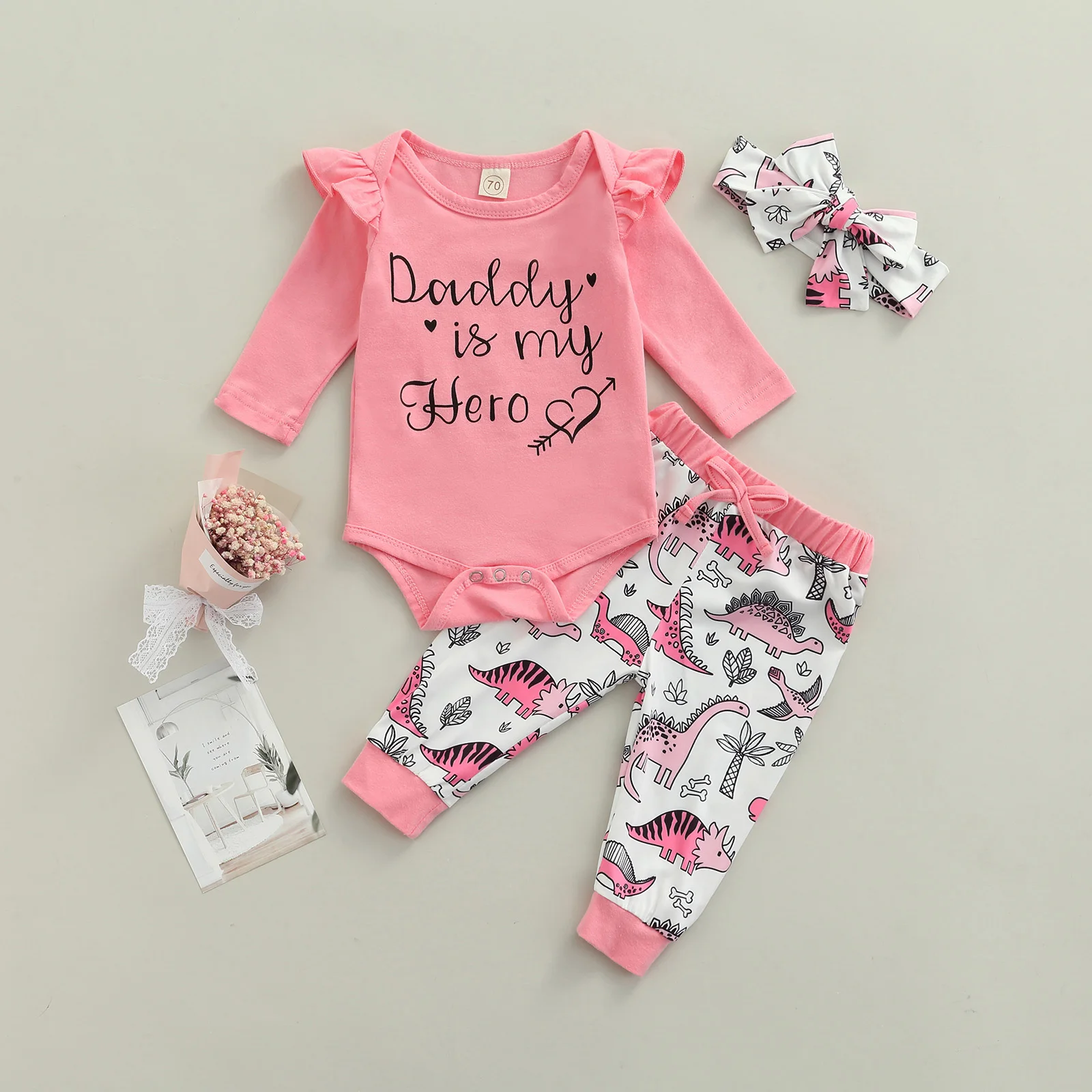 

0-24 Months Letter Baby Girl\u2019s Tops Trousers Suit Fashion Letter Long Sleeve Romper and Dinosaur Long Pants with Headband