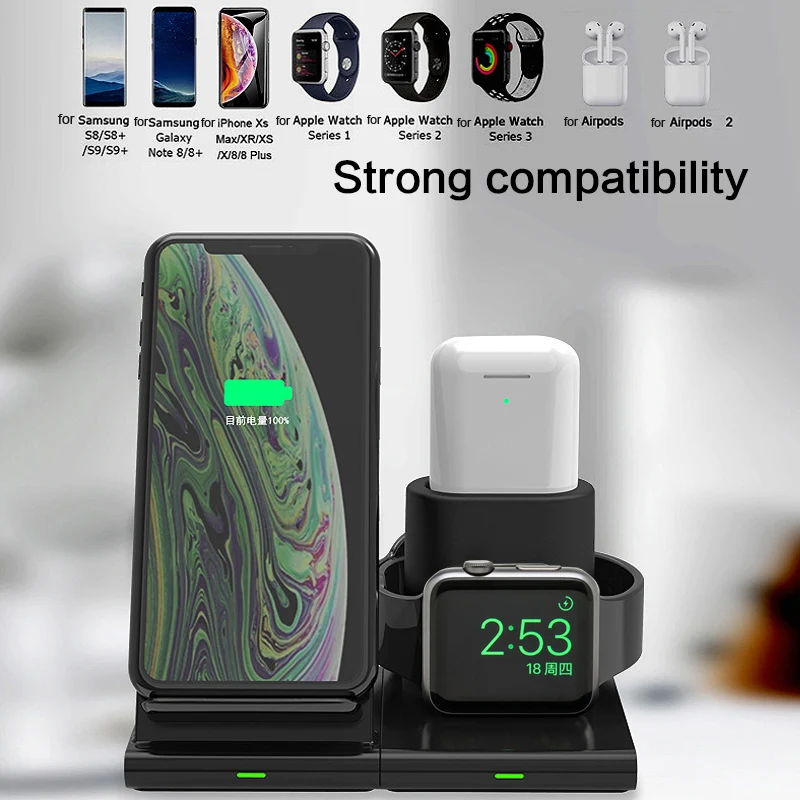 Беспроводное зарядное устройство Qi 3 в 1 для iPhone 11 Pro X Samsung S10 Apple watch 4 Airpods |