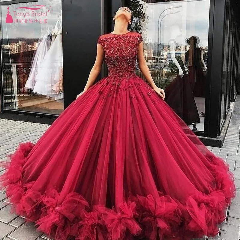

Burgundy Princess Prom Formal Dresses 2020 Puffy Floral Lace Beaded Liastublla Design Lace Tutu Full length evening gown wear