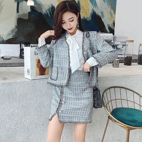 Твидовые комплекты из 2 предметов элегантные женские двух Ретро перьевые