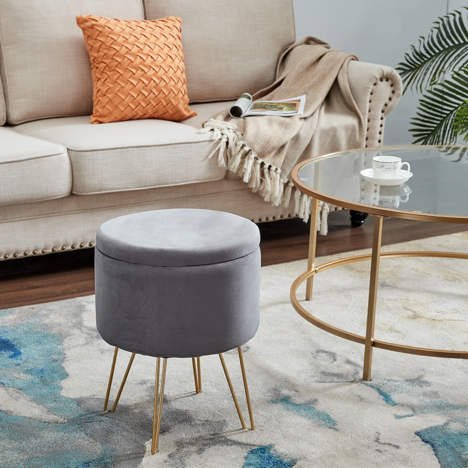 

【USA READY STOCK】Round Velvet Footrest Stool Ottoman, Upholstered Vanity Chair Pouffe with Storage Function Seat/Tray Table
