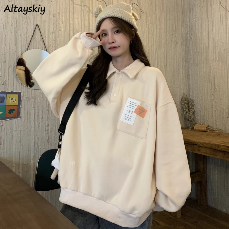 

Женская толстовка с капюшоном, винтажная Повседневная Толстовка с длинным рукавом и отложным воротником, свободного кроя, в стиле оверсайз,...