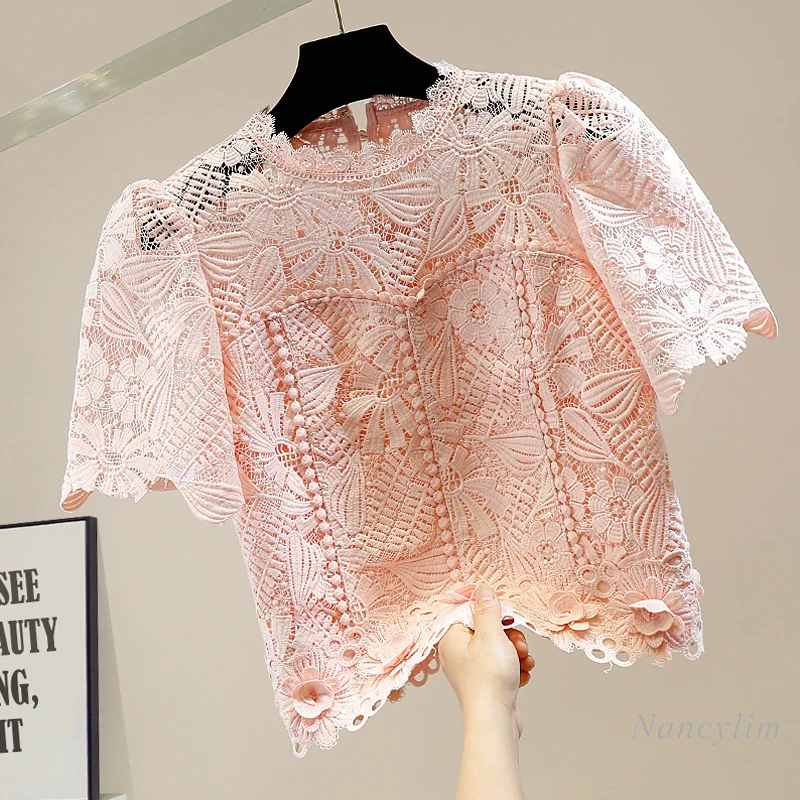 

Lace Shirt Woman Sweet Tridimensional Flower Crocheted Hollow Soluble-Lace Crop Top Elegant Lady Slim Fit Tops Blusas