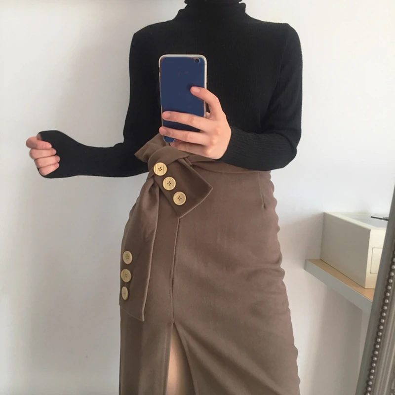 RICININA Женская длинная юбка 2020 пуговиц с поясом одноцветная Ретро стиль юбки для