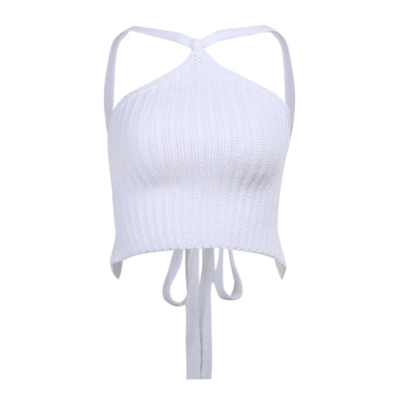 

InstaHot Halter Backless Bow Tank Top Sleeveless Solid Casual Bandage Summer 2021 Female Sexy Cropped Top Slim Streetwear Tank