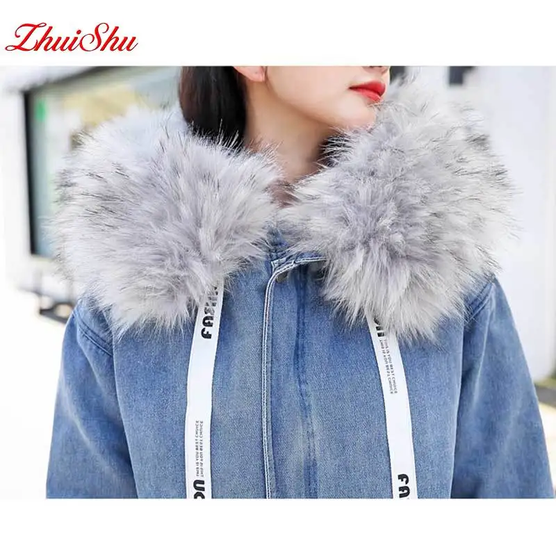 

Winter Women's Warm Denim Jacket Embroidered Mid-length Hooded Coat Korean Style Straight Big Fur Collar Thickened Female Jacket