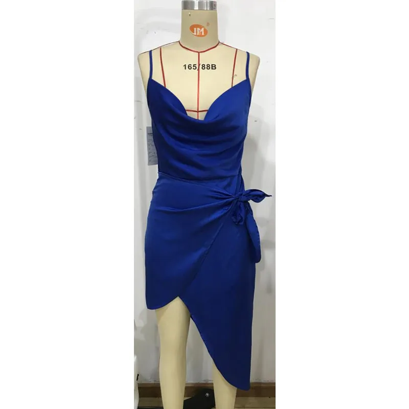 

Slit Slip Sleeveless Bow Casual Dresses Royal Blue Silk Satin Bodycon Sexy Lady Elegant Women Girls Stylish Clothing