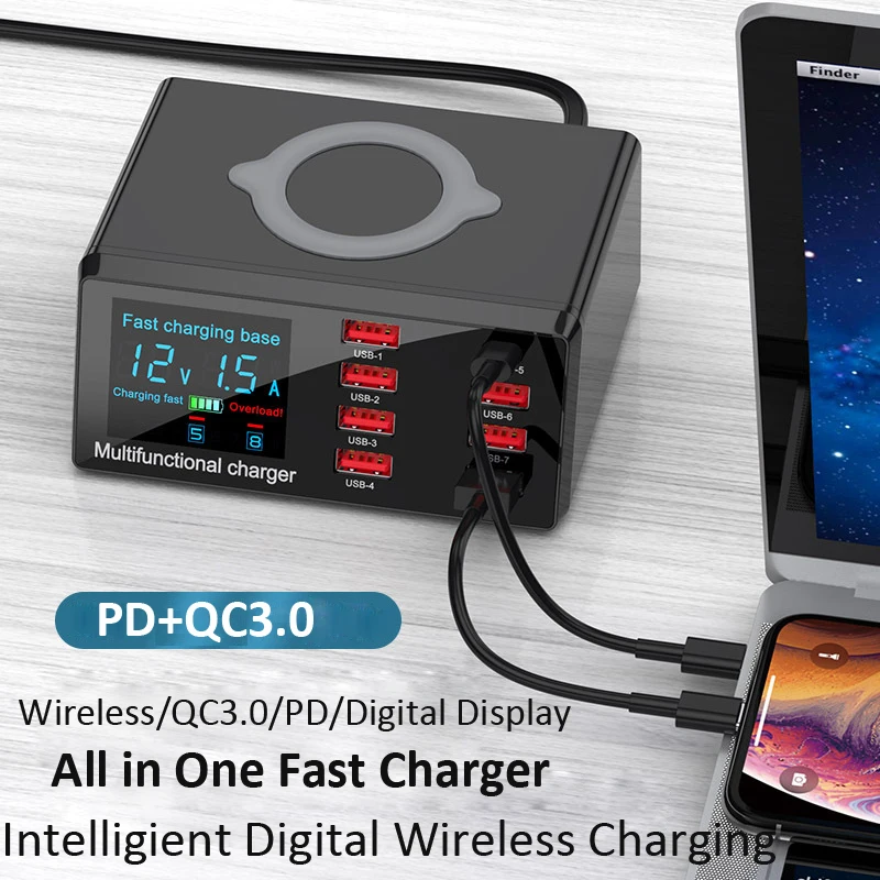 

100W QC3.0 Quick Charge 8 Ports USB Charger Digital Display Charging Dock Station Qi Wireless PD Fast Charger for iPhone Samsung