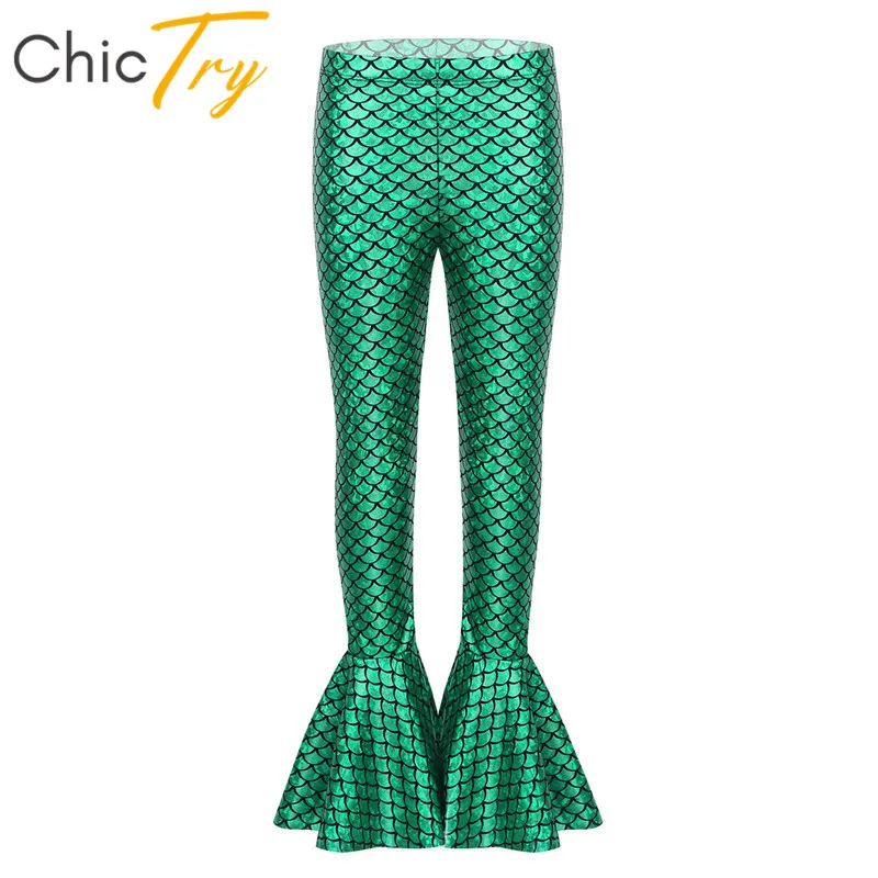 

ChicTry Children Mermaid Cosplay Party Halloween Costume Kids Girls Shiny Fish Scales Pattern Bell Flared Pants Tights Dancewear