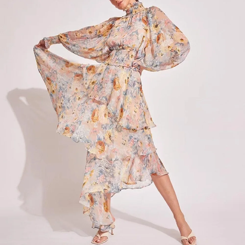 

Big-name summer chiffon 3D printing ruffled women's pleated dress 2021New ladies fashion elastic waist big hem Puff skirt bra XL