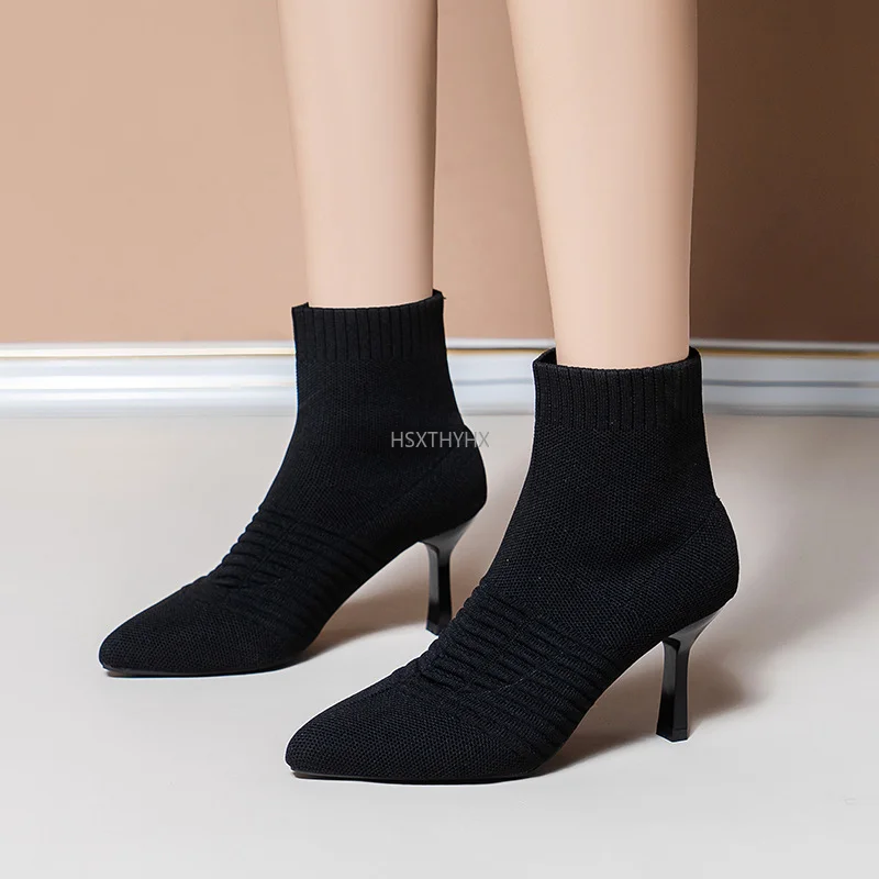 

2021 New Black Knitting Elastic Women Socks Boots Shoes Elegant Thin High Heel Pointed Toe Ankle Boots for Women Winter Boots