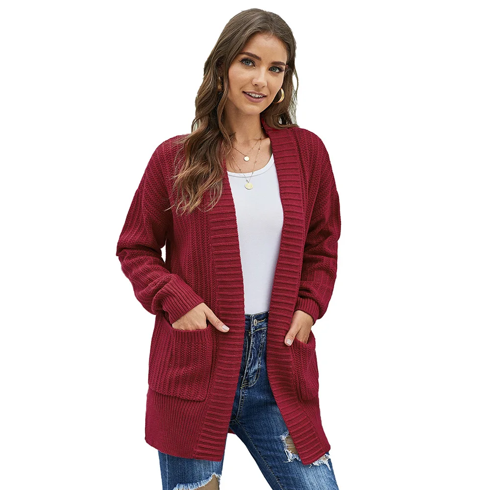 Женский свободный кардиган с длинными рукавами и воротником-шалью карманом