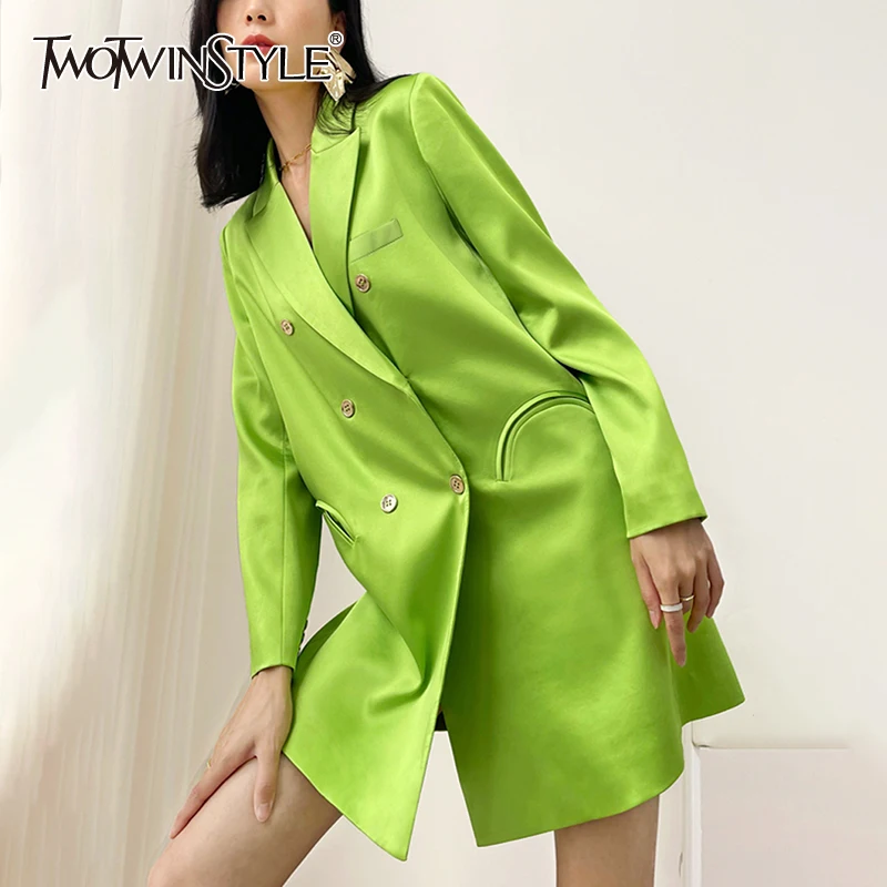 

TWOTWINSTYLE Green Casual Women's Dresses Lapel Long Sleeve Slim High Waist Dresses For Females Summer Fashion New Clothing 2021