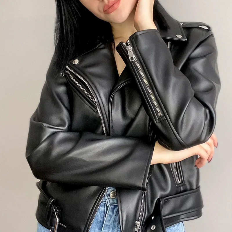 

Ailegogo New Autumn Women Black Pu Faux Leather Jacket Streetwear Moto Biker Slim Fit Turn Down Collar Coat Outwear with Belt