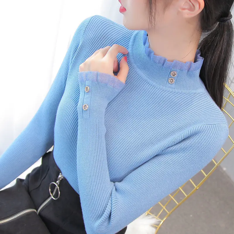 

New Autumn Winter Women Sweater Lace Pullovers Knitted Sweaters Long Sleeve Female Slim Jumper Soft Warm Pull Femme C-9