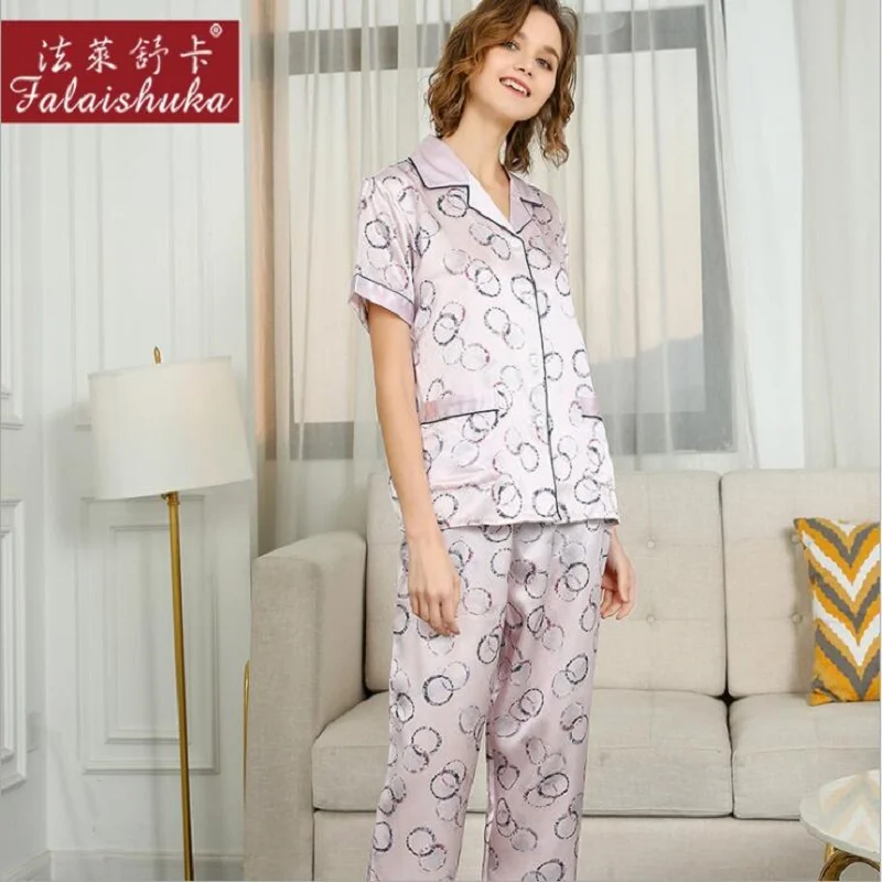 Lady 100% SilK Stain Pajamas Sets  Short Sleeve Floral Print Pink Summer Silk  Home wear Sleepwears Sets 2020 Home Pyjama Sets