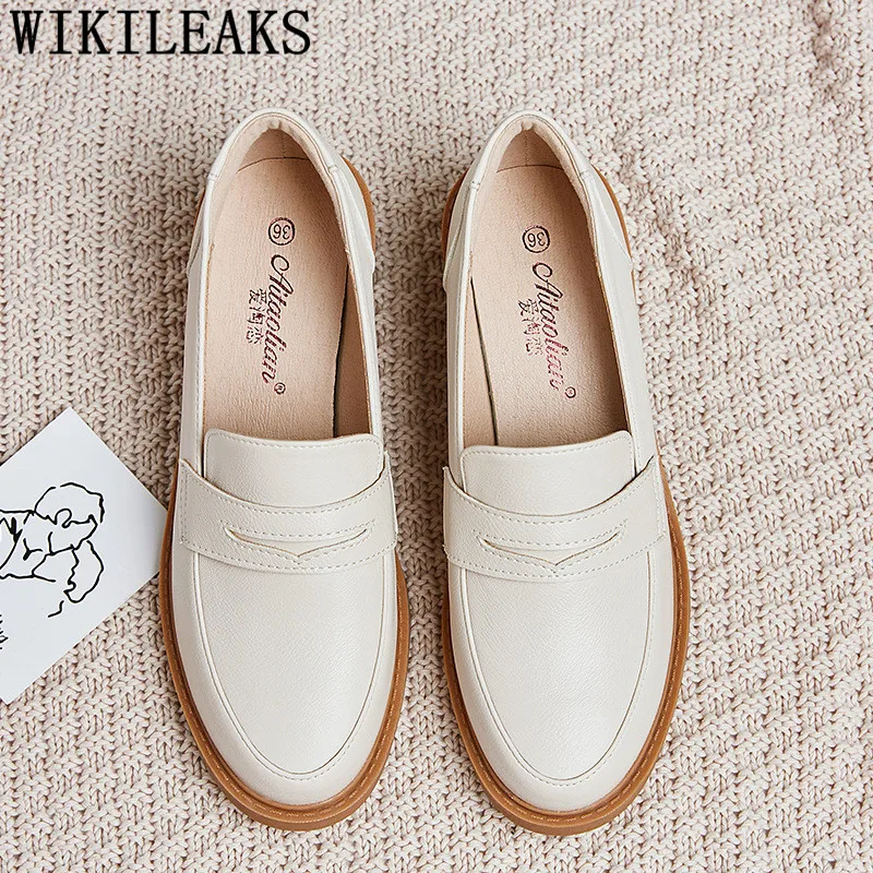 Туфли оксфорды женские высокий каблук лоферы без застежки Кожаные криперы туфли