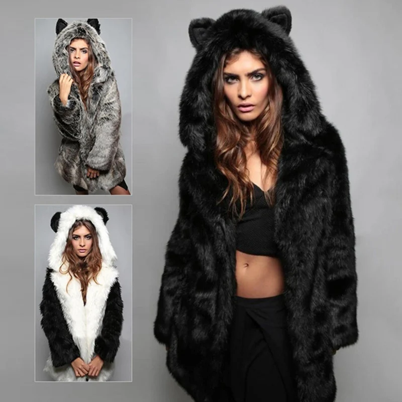 

Женское зимнее пальто из искусственного меха, с капюшоном и ушками