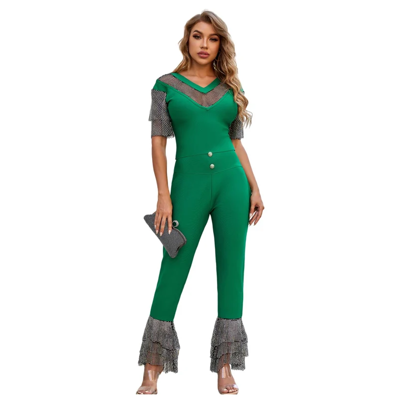 

Оптовая продажа, новинка, зеленые комбинезоны с коротким рукавом, эластичные облегающие модные комбинезоны знаменитостей