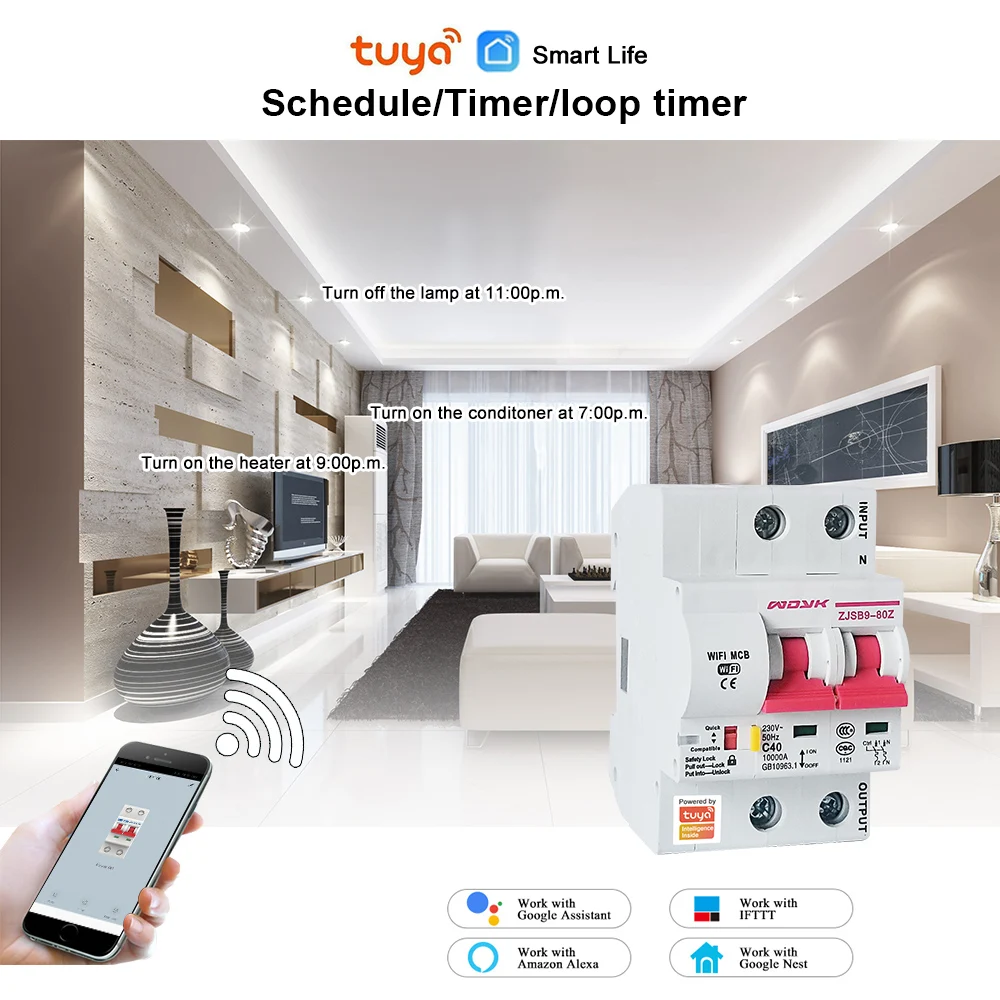 Tuya(Smart Life) 2P 63A WiFi умный автоматический выключатель защита от перегрузки короткого замыкания Amazon Alexa Google home для умного дома