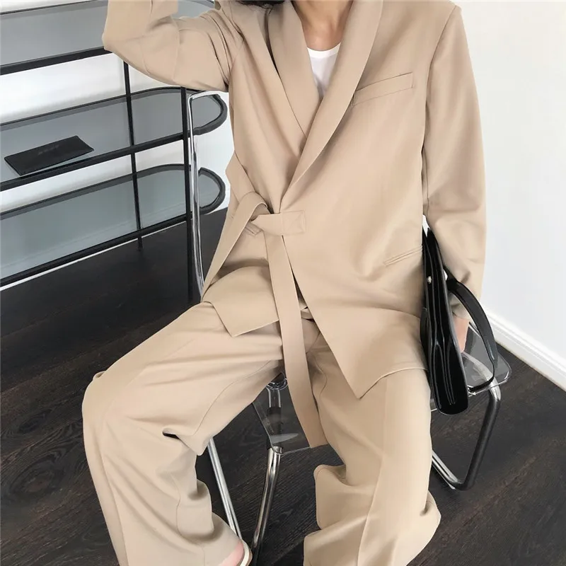

2020 New Winter Woman Lace Up Suit Jacket Female Asymmetry Outerwear Lady All-match Solid Color Coat Girl Temperament Top