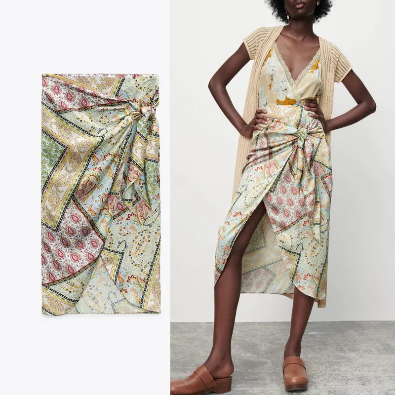 

Женская Юбка-миди с завышенной талией Za, асимметричная юбка с запахом, с винтажным принтом, с оборками по бокам, лето 2021