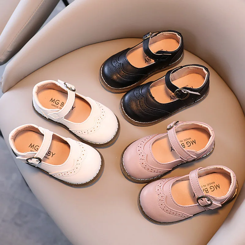 Spring Autumn Girls Shoes Fretwork Mary Janes Child Leather Platform Baby Princess Shoe Kids Dress White Black |