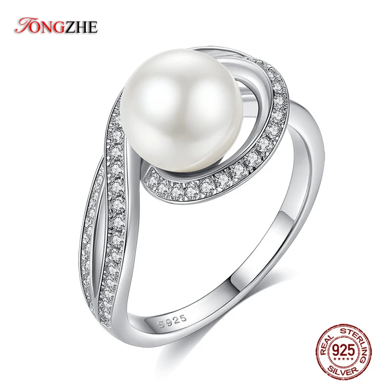 

TONGZHE Famous Brand Austrian Crystal 925 Sterling Silver Rings For Women Wedding Gold Color Big Simulated Pearl Jewelry