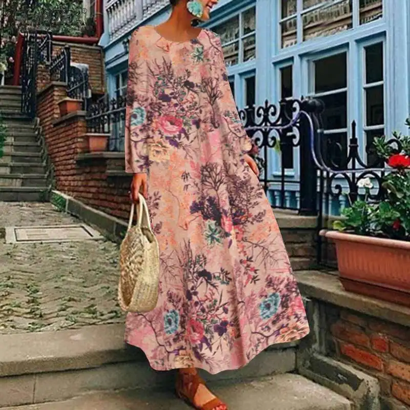 

Vintage Floral Printed Dress Women's Spring Sundress ZANZEA 2021 Casual Long Sleeve Maxi Vestidos Female O Neck Robe