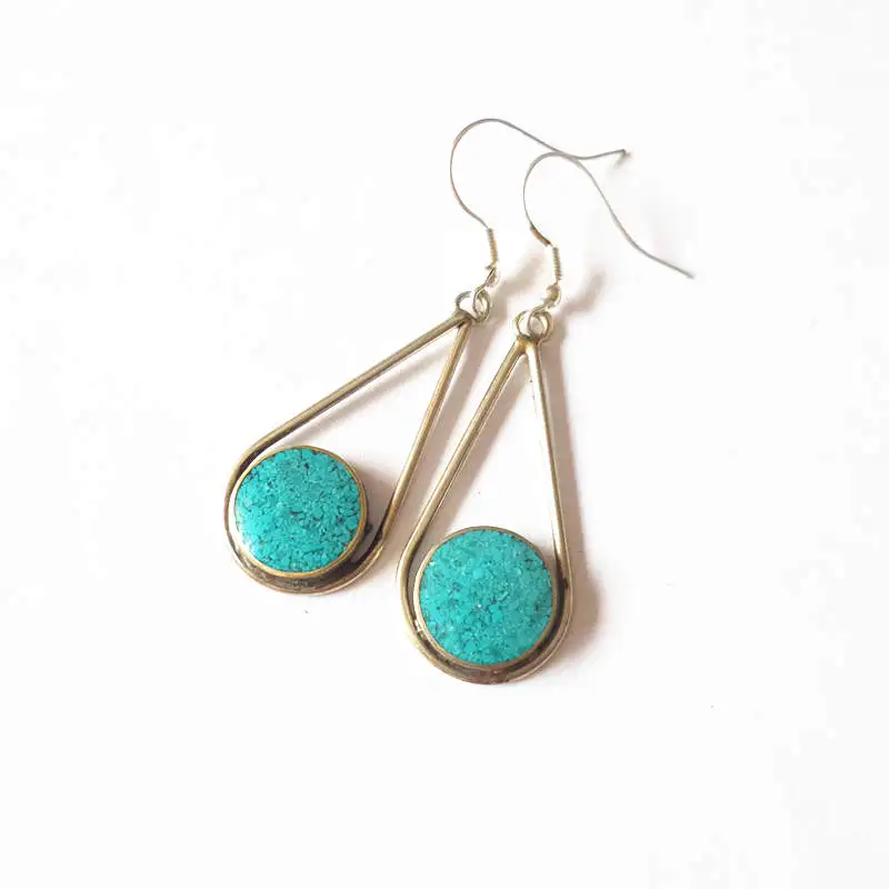 C.Turquoise color E116 непальское, индийское винтажное сережки в виде капель, тибетские этнические ювелирные изделия ручной работы, разные цвета - Окраска металла: C.Turquoise color