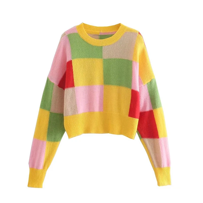 

YENKYE Autumn Women Colorblock Knit Sweater Mujer Round Neck Long Sleeve Casual Crop Pullovers Ladies Chic Tops