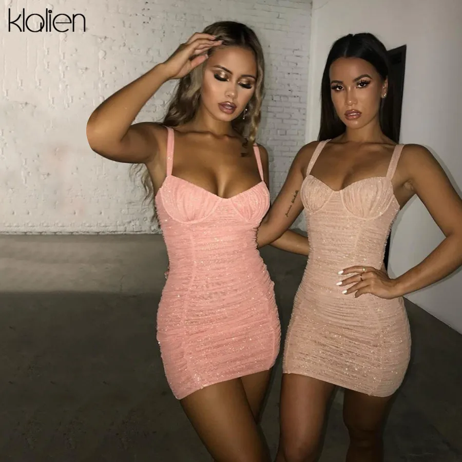 KLALIEN-сексуальное мини-платье 2 цветов с открытыми плечами блестящее облегающее