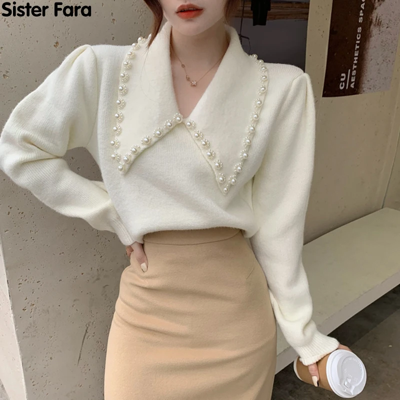 

Сестры Fara Новинка весны для женщин из двух частей комплект для женщин, пуловер с отложным воротником свитер + длинные штаны из искусственной...