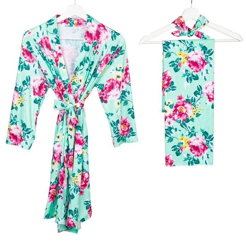 

3pcs Mother Pajamas +Baby Blanket+Babys Hat Women's Breastfeeding Clothes Floral Maternity Robe Nursing Pregnancy Sleepwear