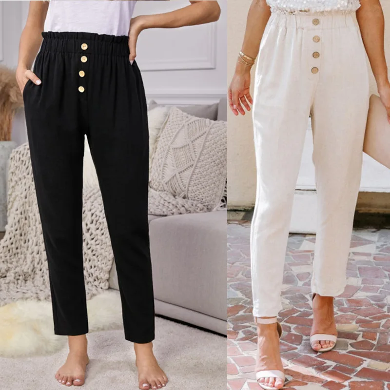 

Wholesale 2021 Summer casual High Waist Cargo Pants Solid Color Linen Blend Pocketed Elastic Waist Women Pants