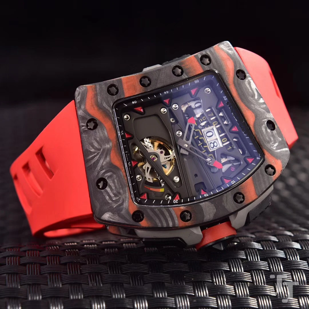

New Men Watch Automatic Mechanical Red Black Rubber Bracelet Watches Tourbillion Limited Sapphire Glass Back Carbon Fiber