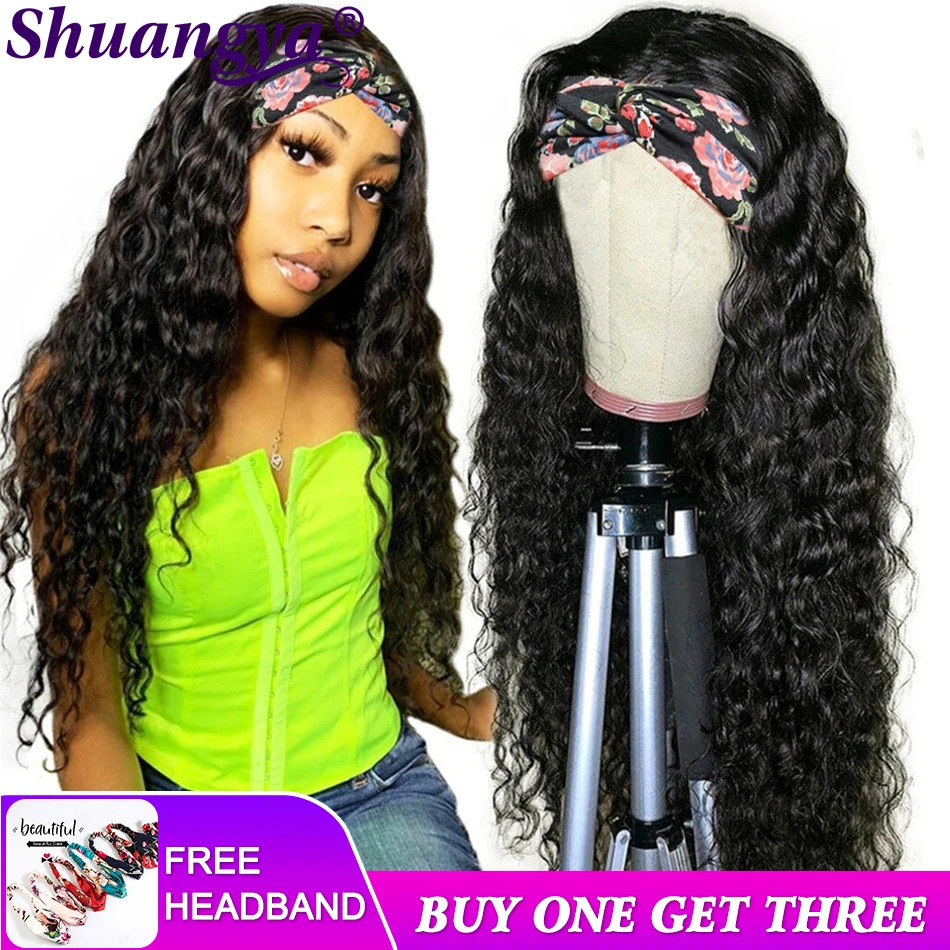 

26 28 30 дюймов водная волна человеческих волос парики с головной повязкой, 180% плотности полная машина сделано парики Alimog бразильский Реми пар...