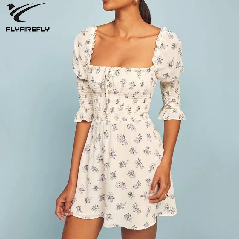 Летнее женское сексуальное платье с квадратным воротником туника мини для