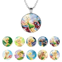 disney princess cute tinker bell 25mm flat bottom glass dome pendant chain necklace for girls party cabochon jewelry gifts dsn67