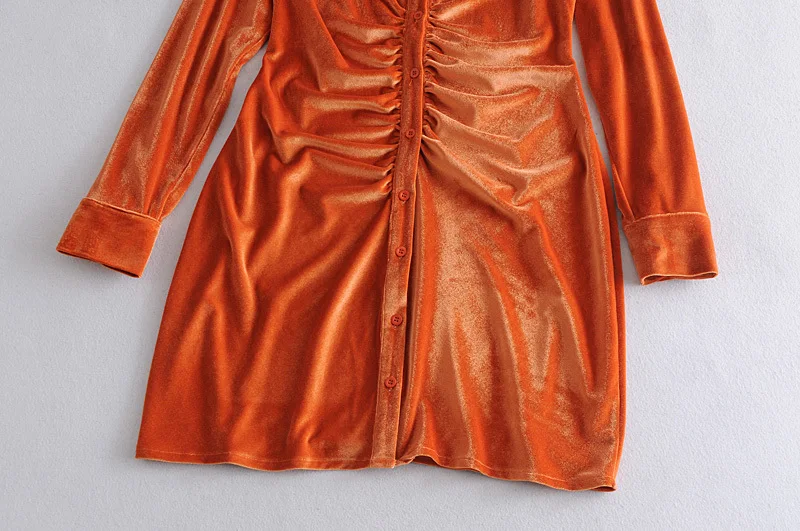 

2020 Brand long sleeve turn-down collar satin pleated sexy mini dress autumn winter women solid party elegant streetwear velvet