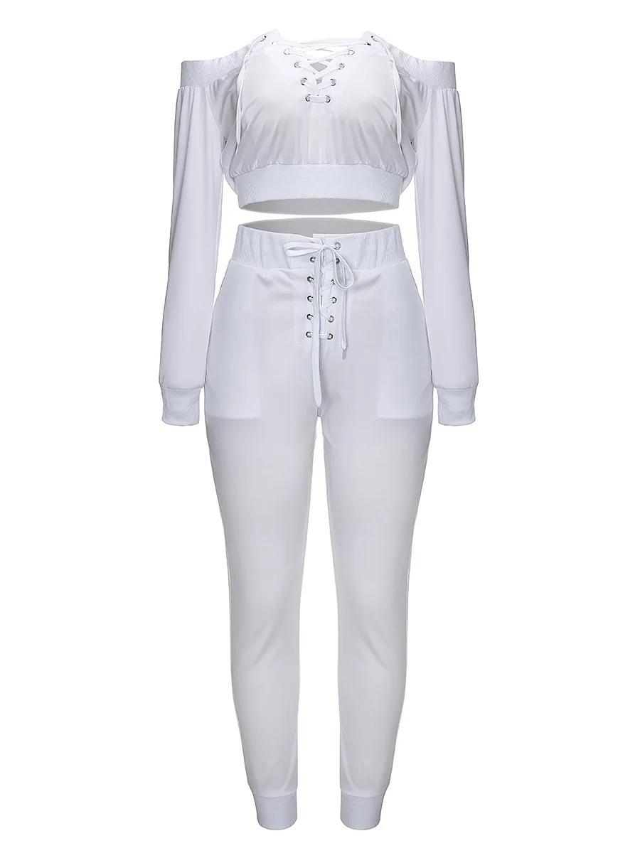 Chándal para mujer, conjunto de 2 piezas, camiseta Sexy con hombros descubiertos, camiseta con cordones, juegos de pantalones largos, trajes para mujer Sp656