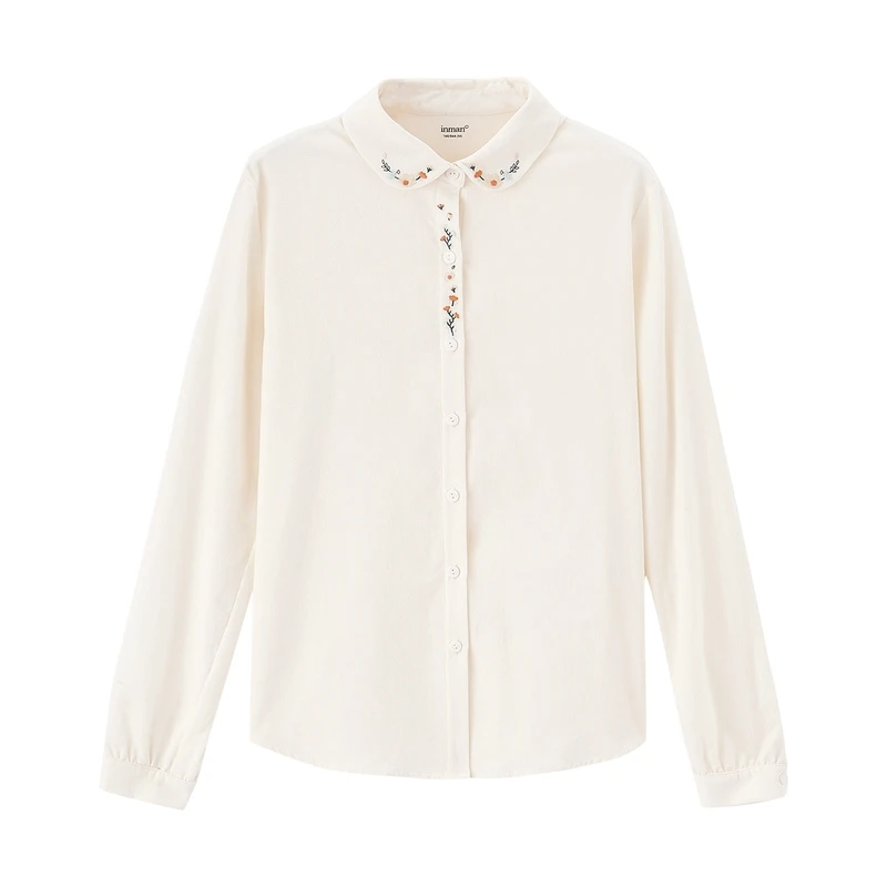 

INMAN Winter Round Collar Simple Elegant Art Embroidery Young Lovely Cotton Corduroy Long Sleeve Women's Shirt