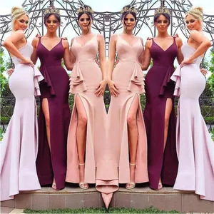 2021 New V-Neck Plus Size Mermaid Bridesmaid Dresses Elastic Satin Sleeveless Woman Lady Formal Gown in Pakistan